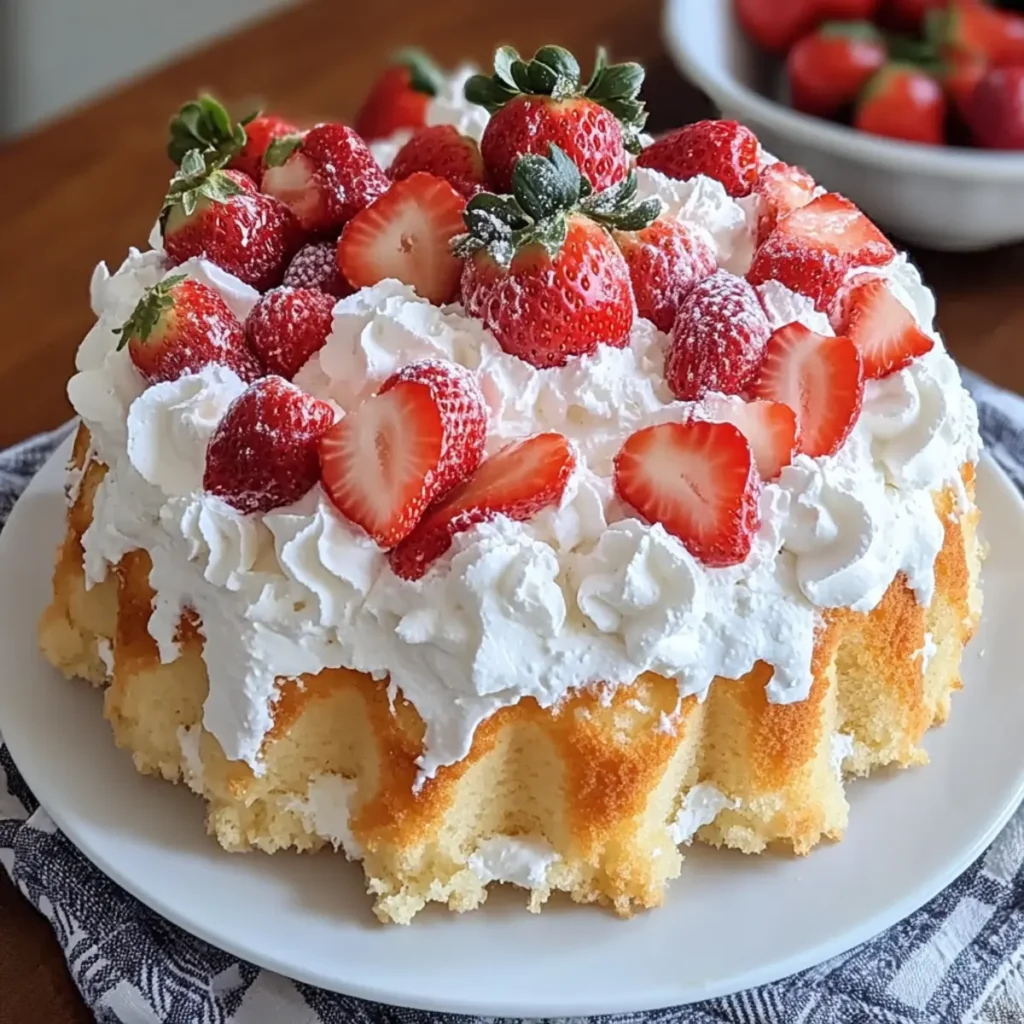 Homemade Angel Food Cake with Whipped Cream & Strawberries