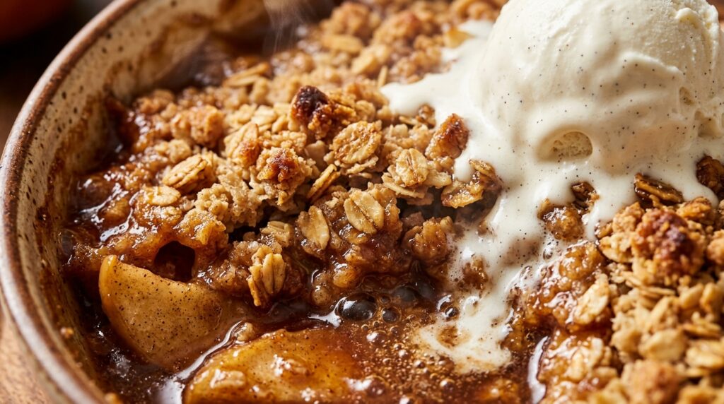 Warm freshly baked apple crisp bubbling with golden oat streusel and vanilla ice cream