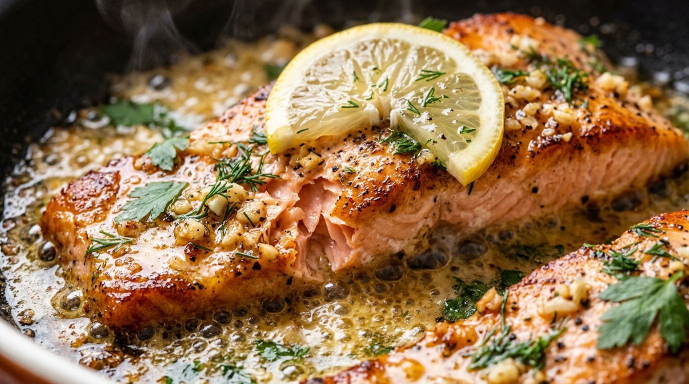 Ultra close-up macro food photography of golden baked salmon fillets sizzling in bubbling garlic herb butter sauce with dill and lemon