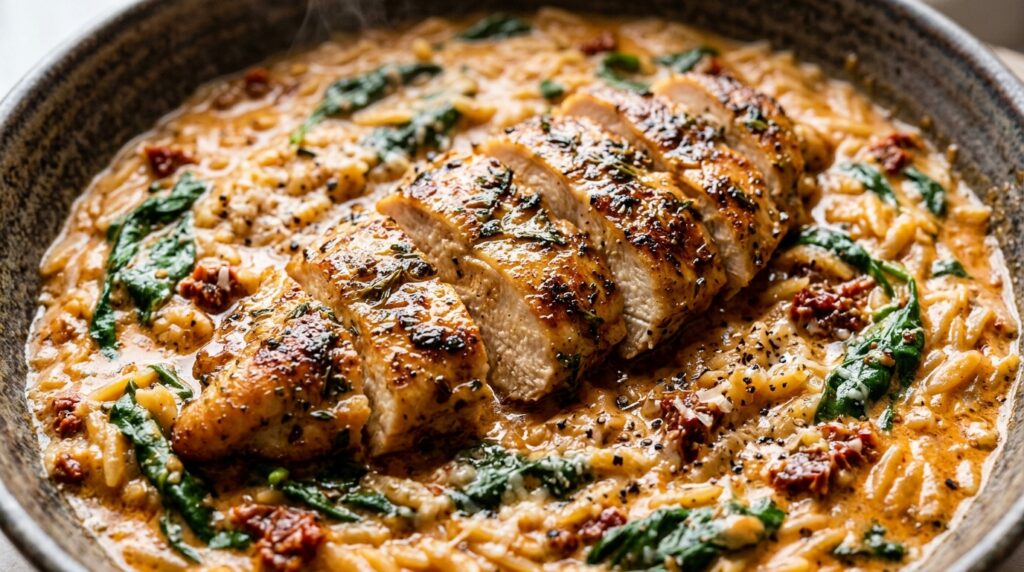 Creamy Marry Me Chicken simmering in a cast iron skillet on white quartz counter