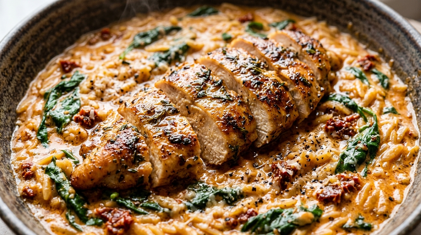 Creamy Marry Me Chicken simmering in a cast iron skillet on white quartz counter