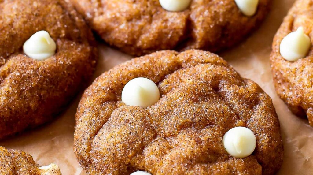 Ultra close-up macro of crinkled golden pumpkin snickerdoodle cookies sparkling with cinnamon sugar crystals