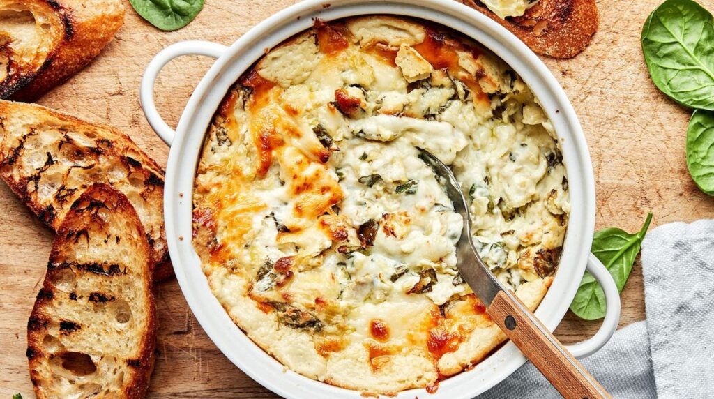 Ultra close-up macro of bubbling golden warm garlic parmesan spinach artichoke dip in a cast iron skillet with crispy tortilla chips