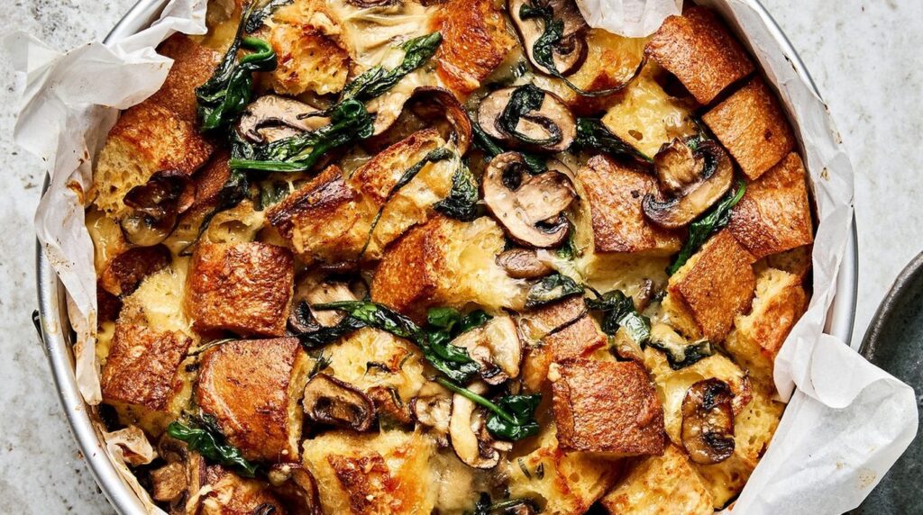 Ultra close-up macro of golden bubbling spinach mushroom breakfast strata fresh from the oven in a baking pan