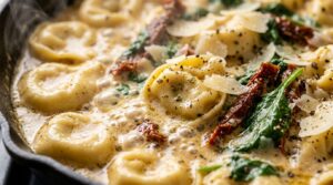 Creamy Tuscan garlic tortellini bubbling in skillet with sun-dried tomatoes and spinach