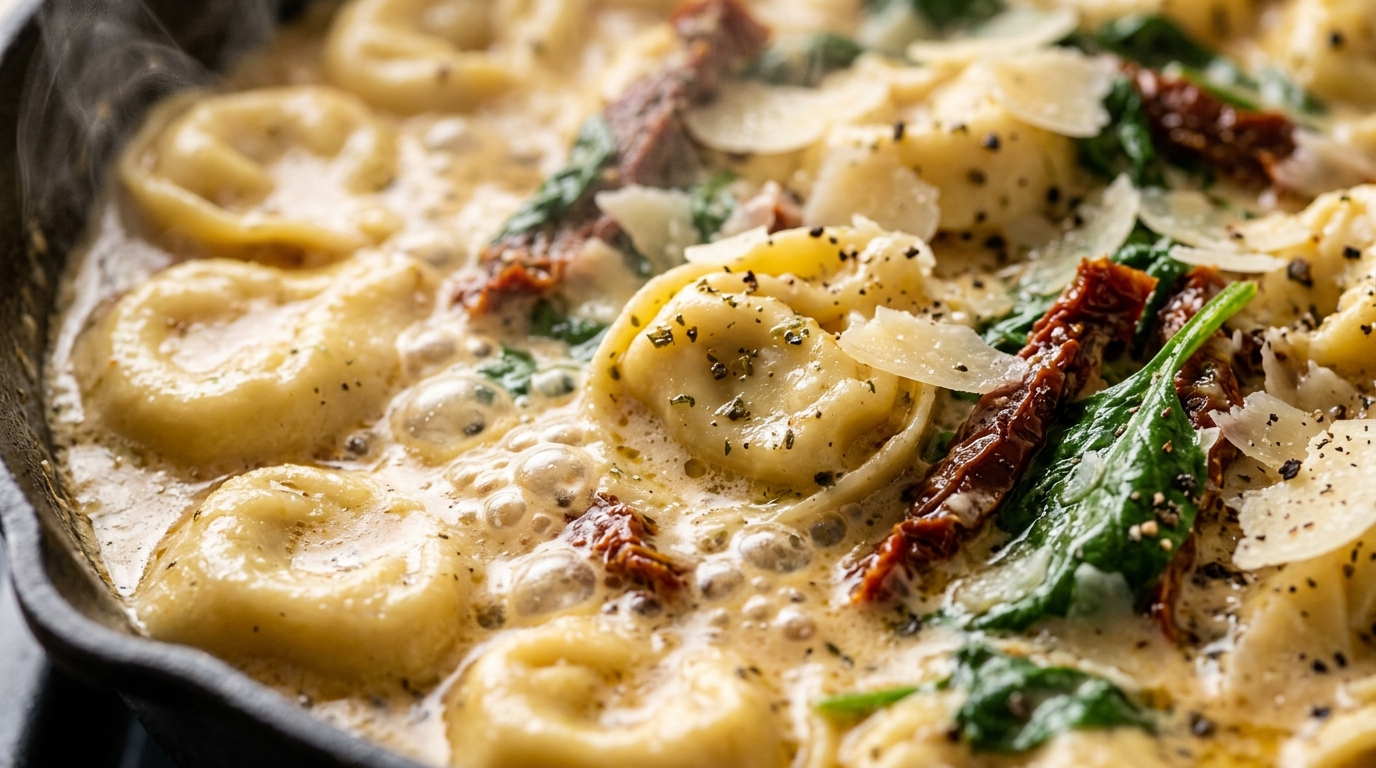 Ultra close-up macro food photography of creamy Tuscan garlic tortellini bubbling in skillet with sun-dried tomatoes and spinach