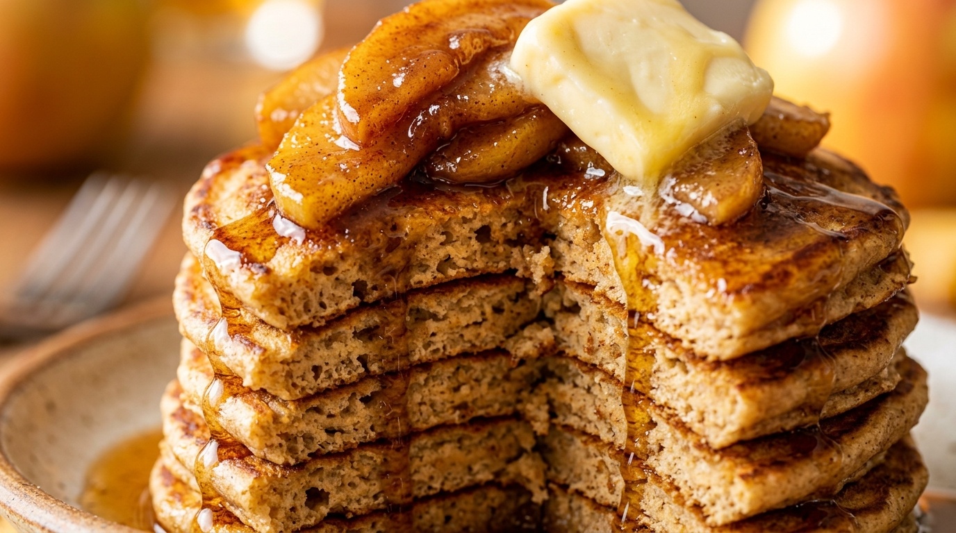 Ultra close-up macro shot of fluffy golden apple cider pancakes topped with caramelized cinnamon apples and pure maple syrup