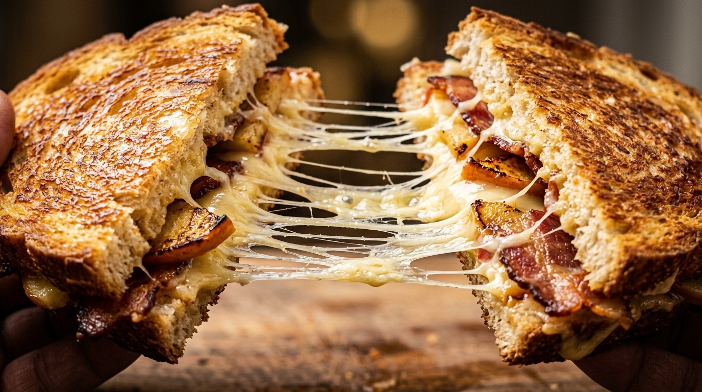 Ultra close-up macro shot of gourmet apple cheddar bacon grilled cheese sandwich pulled apart with an epic molten cheese pull