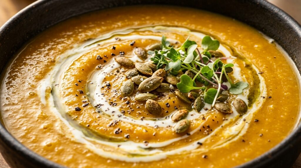 Ultra close-up macro of velvety Panera copycat autumn squash soup with cream swirl and roasted pepitas