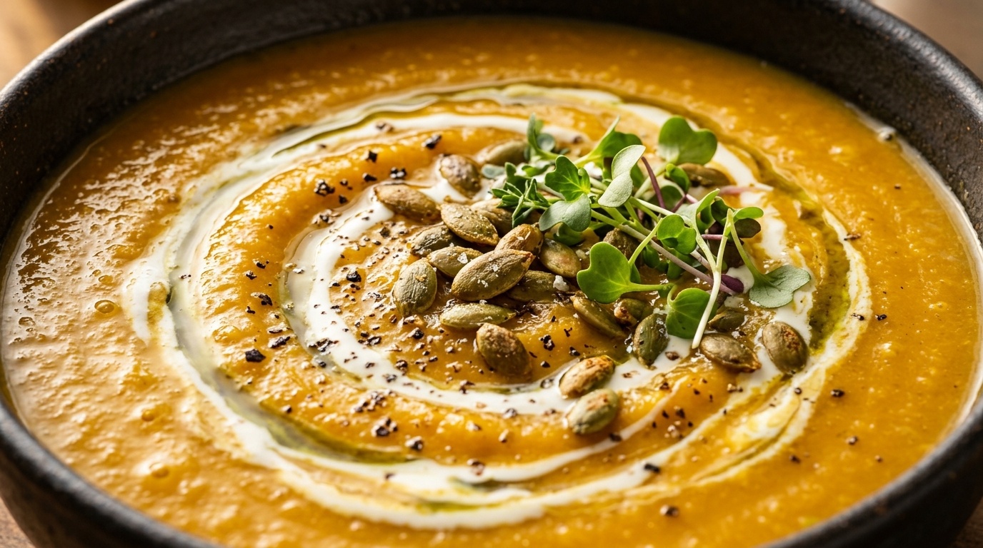 Ultra close-up macro of velvety Panera copycat autumn squash soup with cream swirl and roasted pepitas