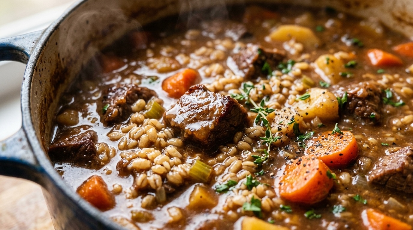 Ultra close-up macro steaming beef vegetable barley stew in dutch oven showing tender seared beef cubes, carrots, and plump pearl barley in rich broth