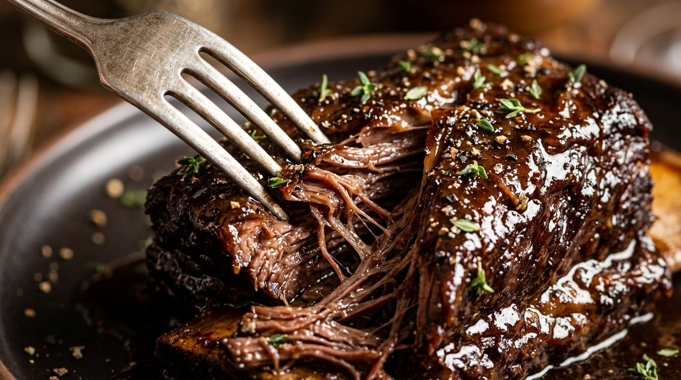Ultra close-up macro shot of fork-tender braised beef short ribs pulling apart in glossy reduction gravy