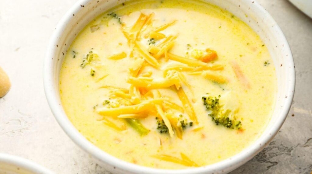 Panera copycat broccoli cheddar soup in ceramic bowl