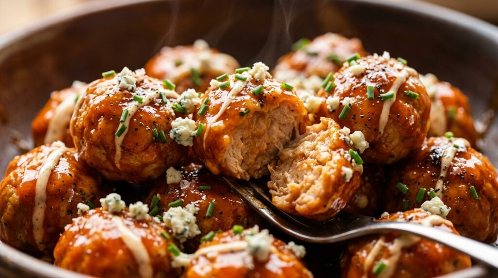 Ultra close-up macro of juicy baked buffalo chicken meatballs glistening in spicy buffalo glaze