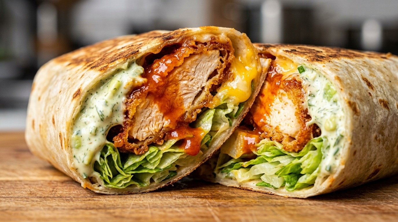 Ultra close-up macro sliced crispy buffalo chicken wrap showing juicy glazed chicken tenders, melted cheddar, crisp romaine, and dripping ranch