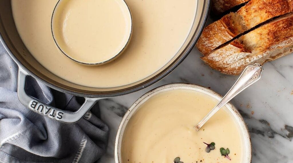 Ultra close-up macro of creamy roasted cauliflower soup in ceramic bowls with crusty sourdough bread