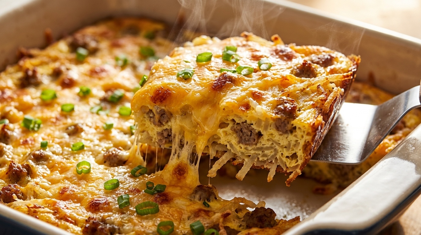 Ultra close-up macro of bubbling cheesy sausage hashbrown breakfast casserole with melted cheddar cheese pull