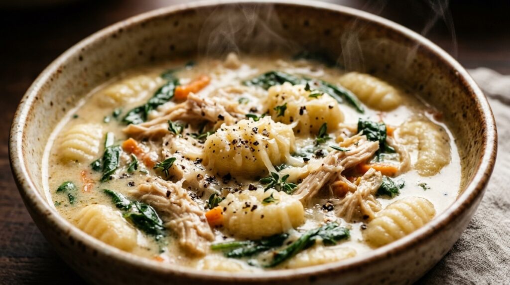 Ultra close-up macro of creamy chicken gnocchi soup brimming with pillowy gnocchi and tender shredded chicken