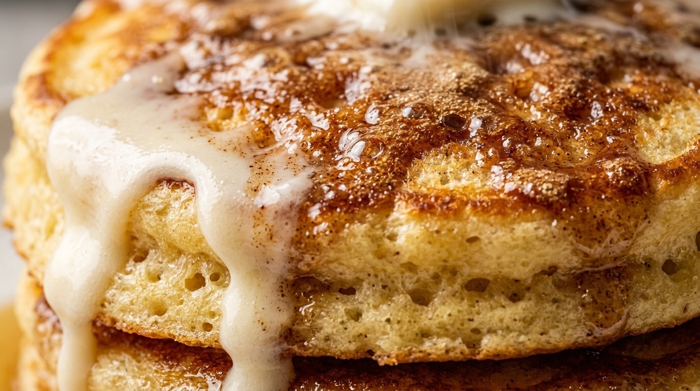 Ultra close-up macro fluffy cinnamon roll pancakes with golden buttery cinnamon swirl and melted cream cheese glaze