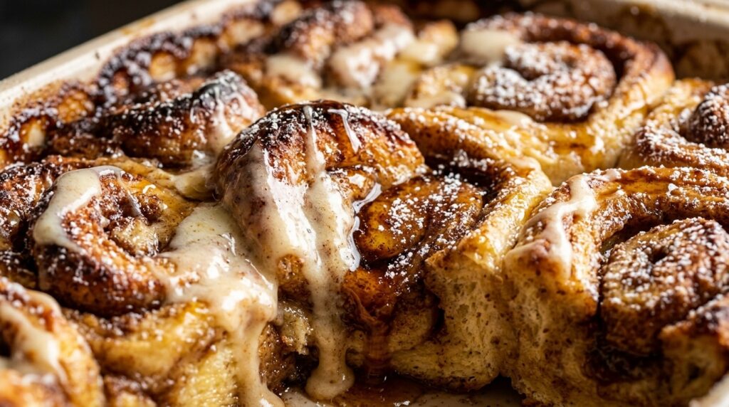 Ultra close-up macro of freshly baked cinnamon roll French toast casserole drizzled with melted cream cheese icing