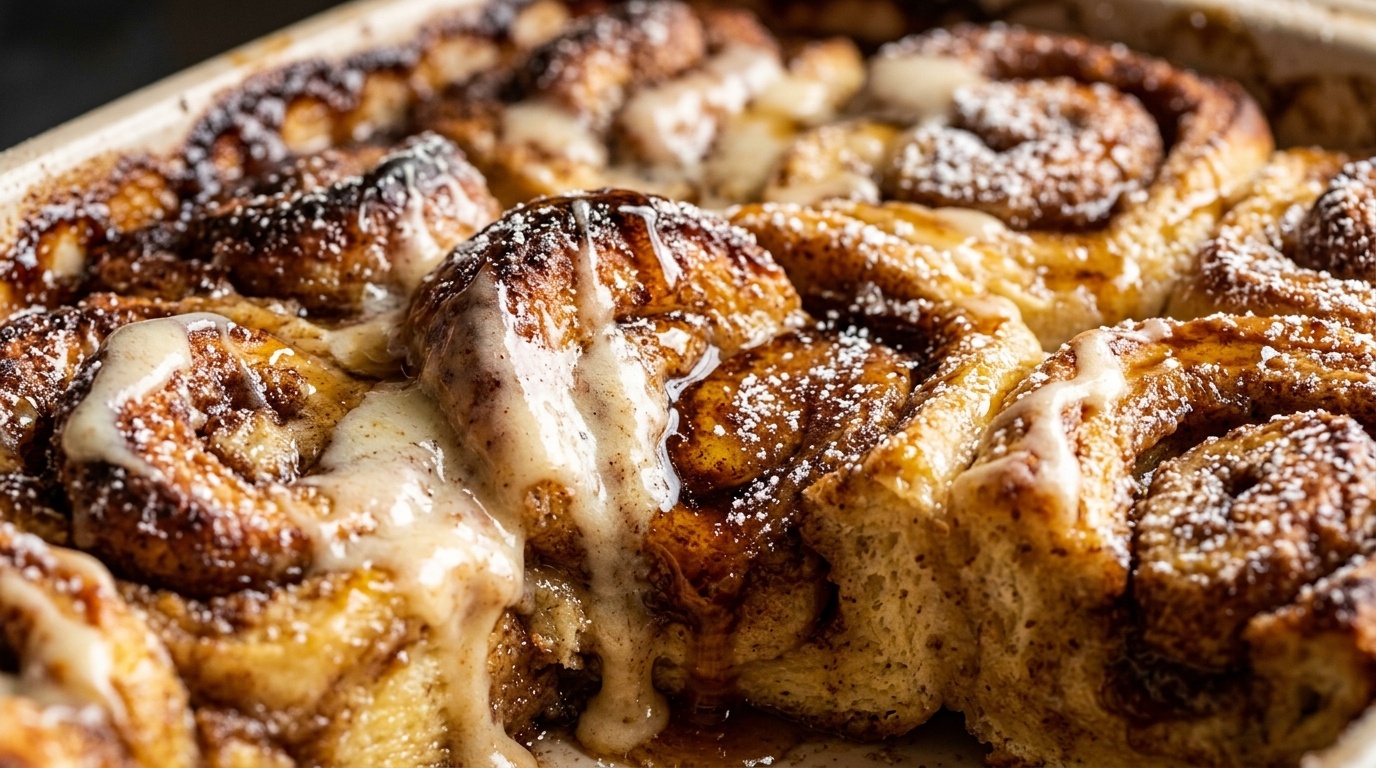 Ultra close-up macro of freshly baked cinnamon roll French toast casserole drizzled with melted cream cheese icing