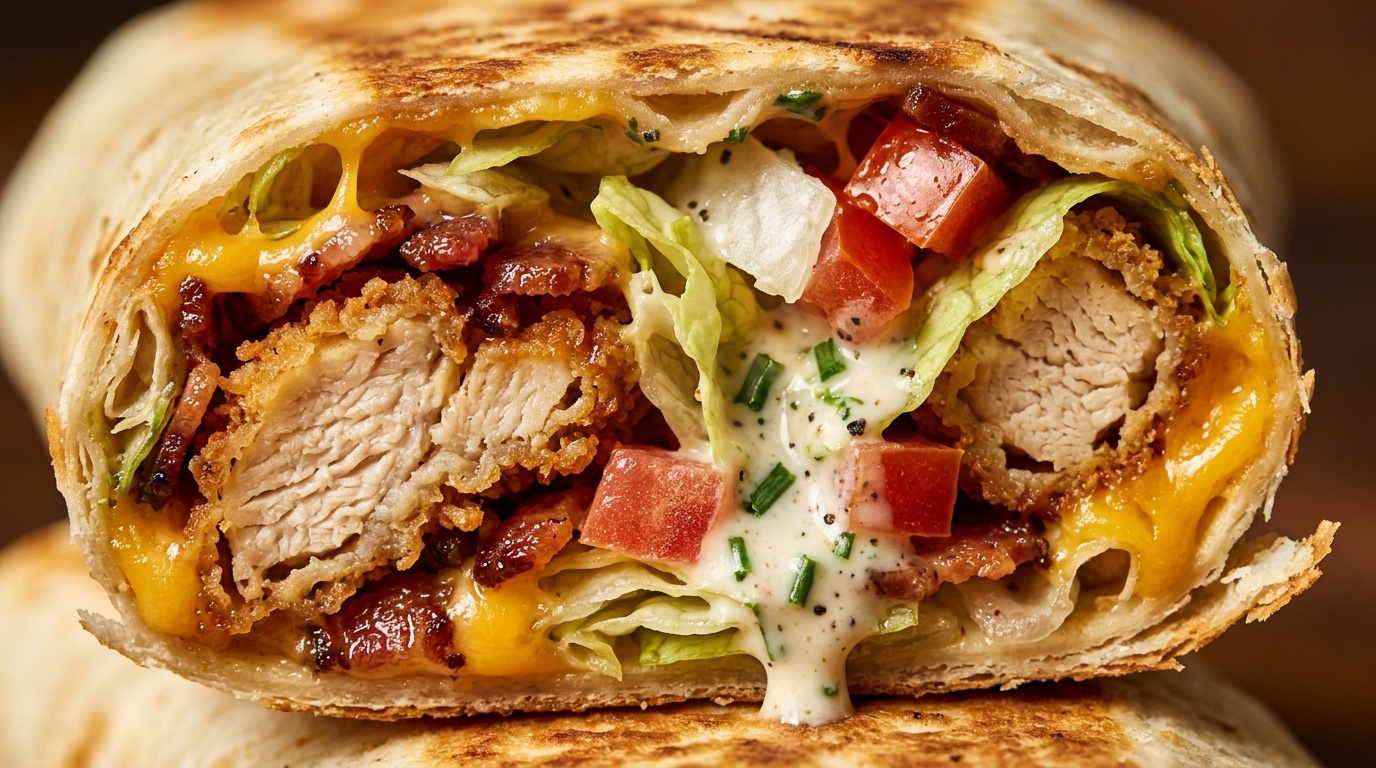 Ultra close-up macro of toasted golden crispy chicken bacon ranch wrap sliced diagonally showing crunchy chicken, melted cheese, bacon, and dripping ranch