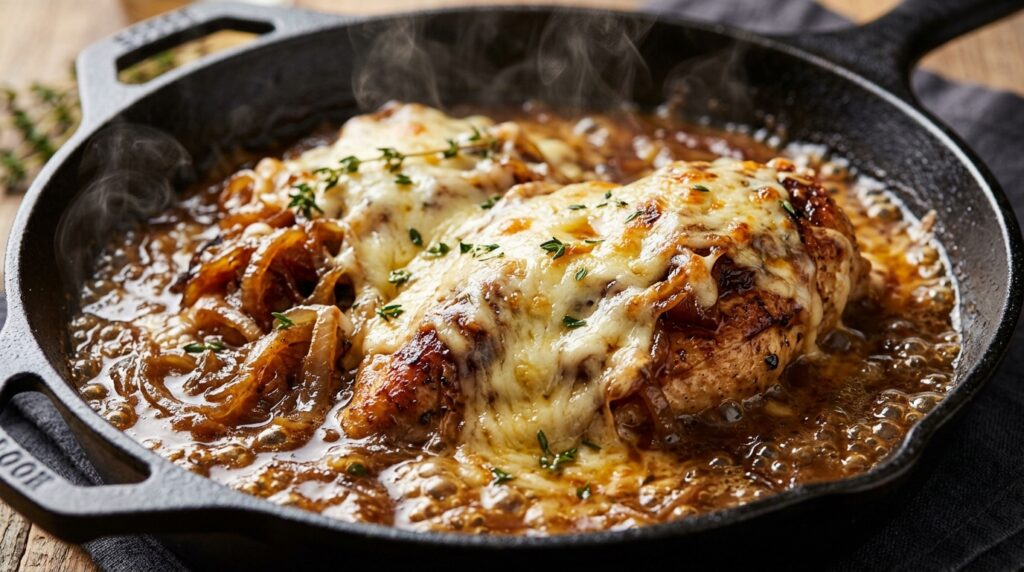 Ultra close-up macro of skillet french onion chicken with caramelized onions and bubbly gruyere