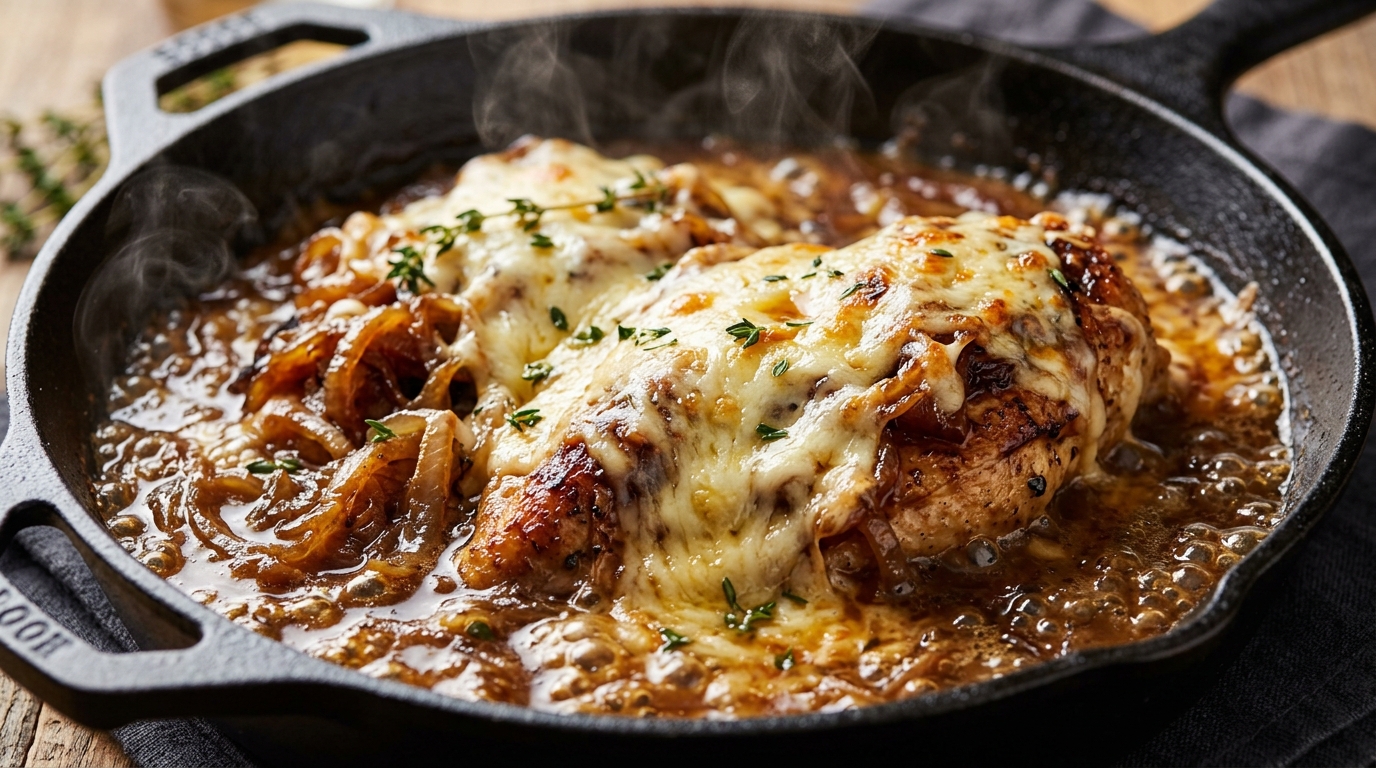 Ultra close-up macro of skillet french onion chicken with deeply caramelized onions, melted bubbly Gruyere cheese, and fresh thyme