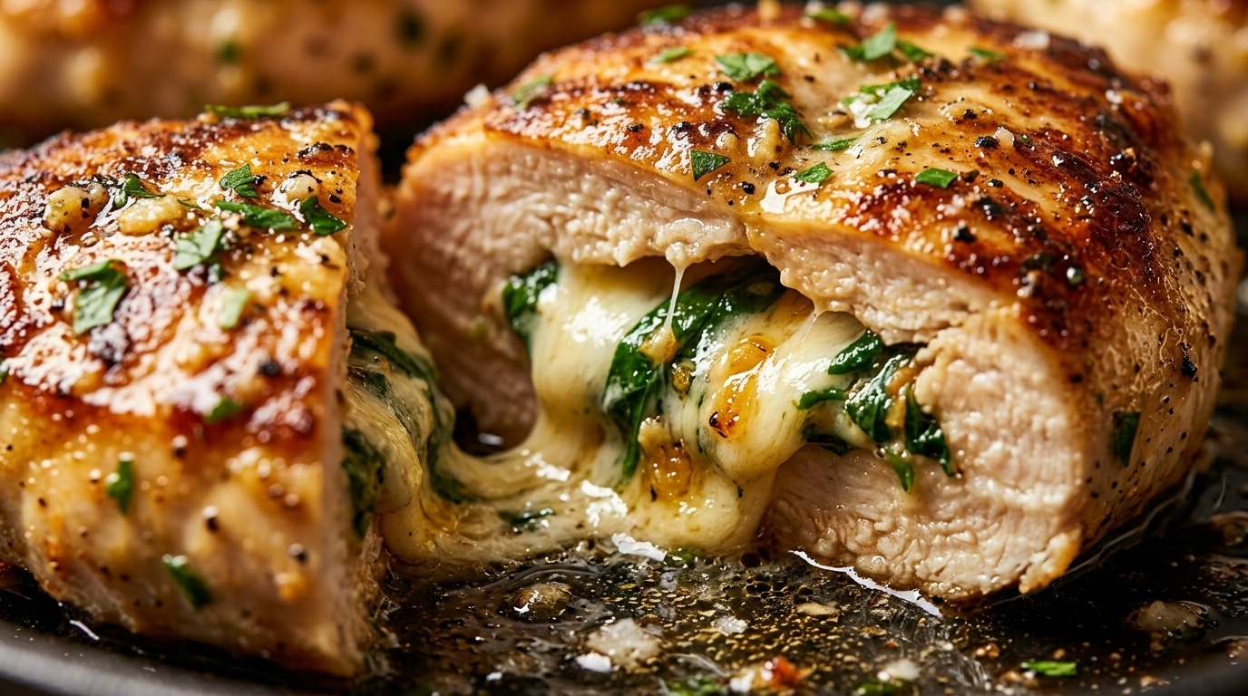 Ultra close-up macro of succulent sliced garlic herb and cheese stuffed chicken breast with molten mozzarella and garlic butter juices
