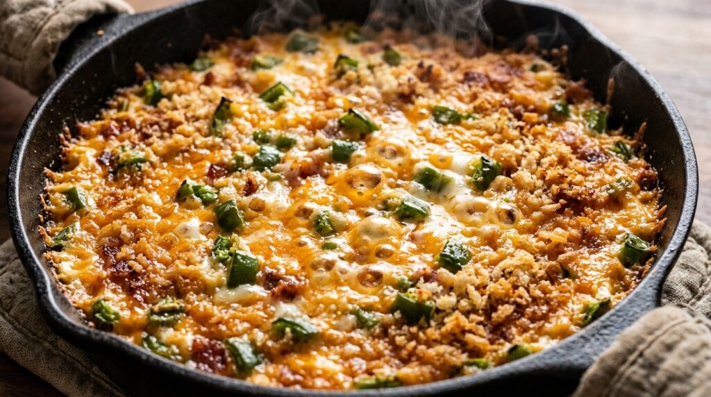Ultra close-up macro of bubbling hot baked jalapeño popper dip topped with golden crispy panko crust