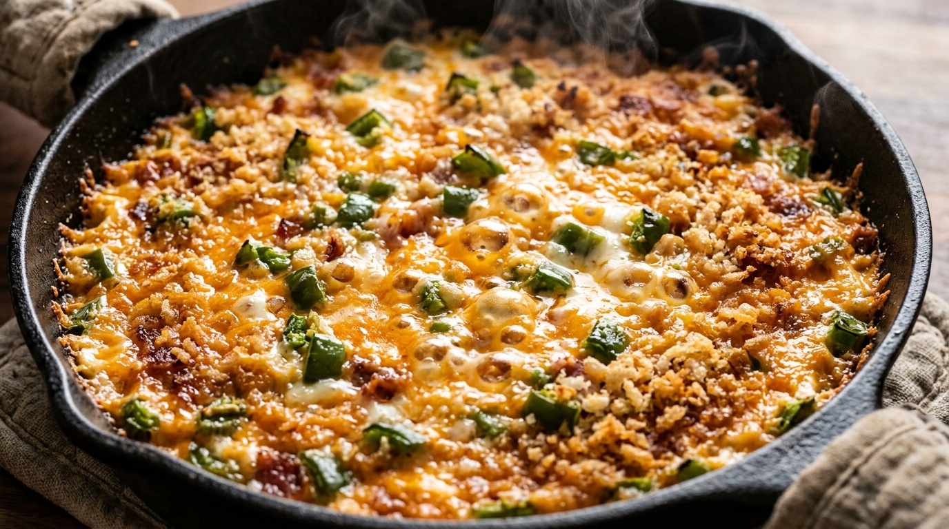Ultra close-up macro of bubbling hot baked jalapeño popper dip topped with golden crispy panko crust