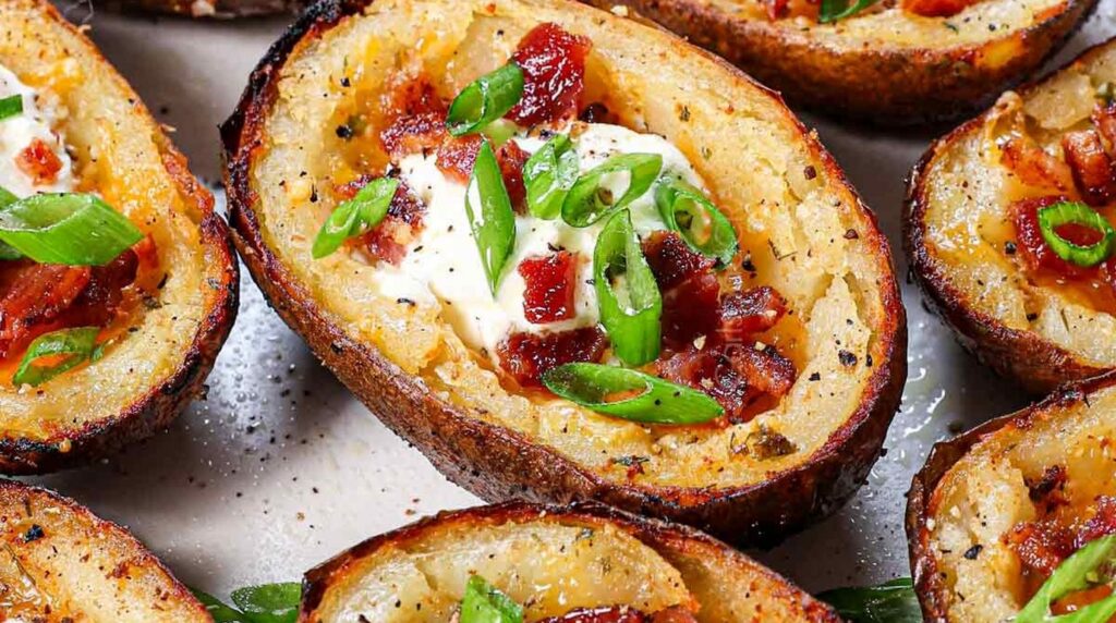 Ultra close-up macro of crispy loaded potato skins with melted cheddar and sour cream