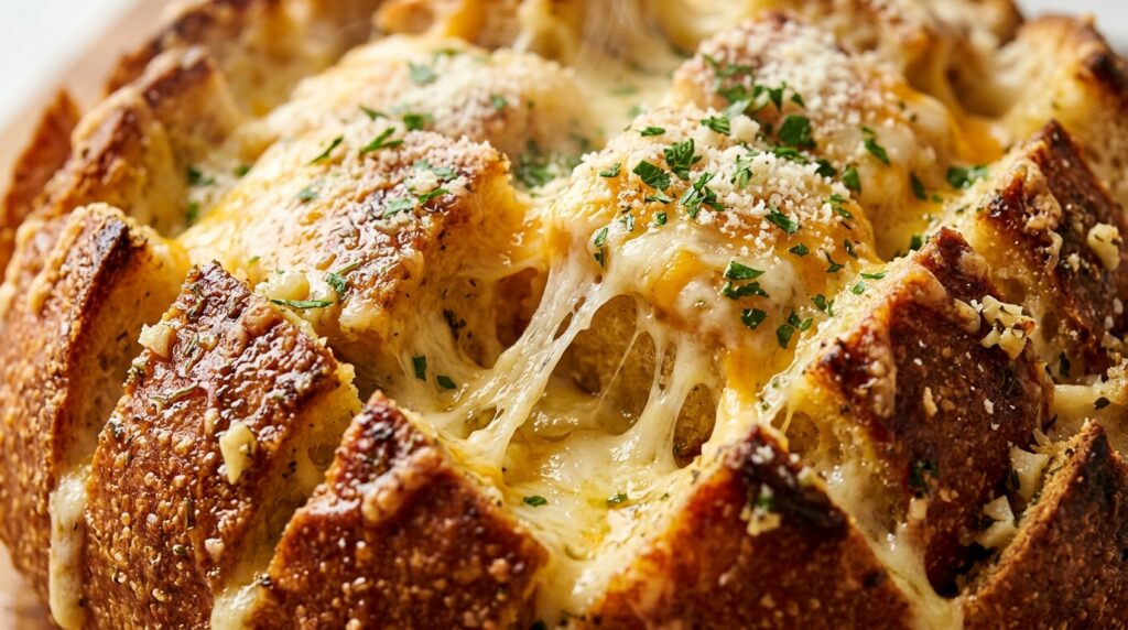 Ultra close-up macro of cheesy garlic butter pull-apart bread with molten bubbly melted cheese