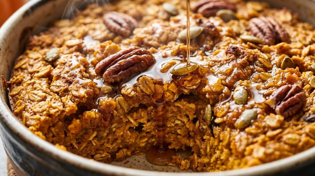 Ultra close-up macro of warm pumpkin baked oatmeal fresh from oven topped with pecans and maple syrup