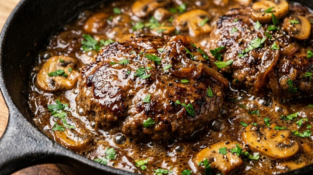 Ultra close-up macro of juicy Salisbury steak patties simmering in rich mushroom and onion gravy