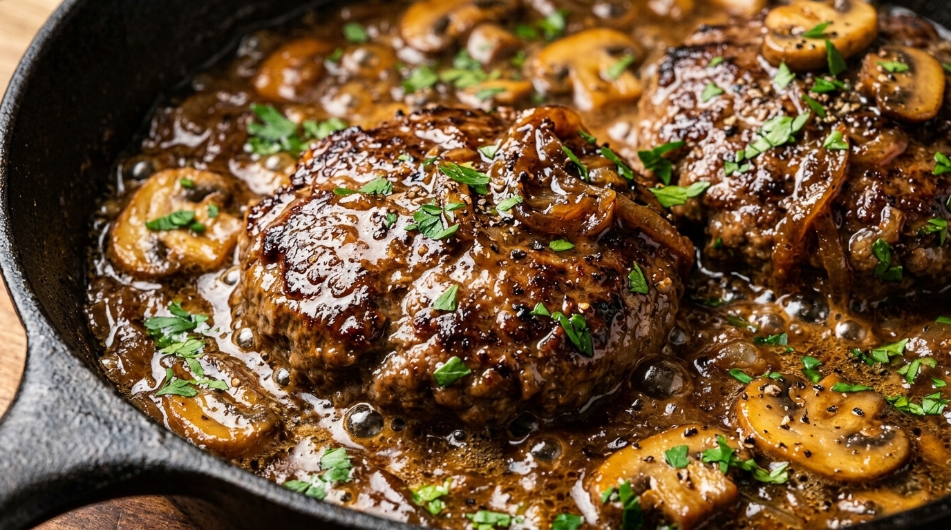 Ultra close-up macro of juicy Salisbury steak patties simmering in rich mushroom and onion gravy