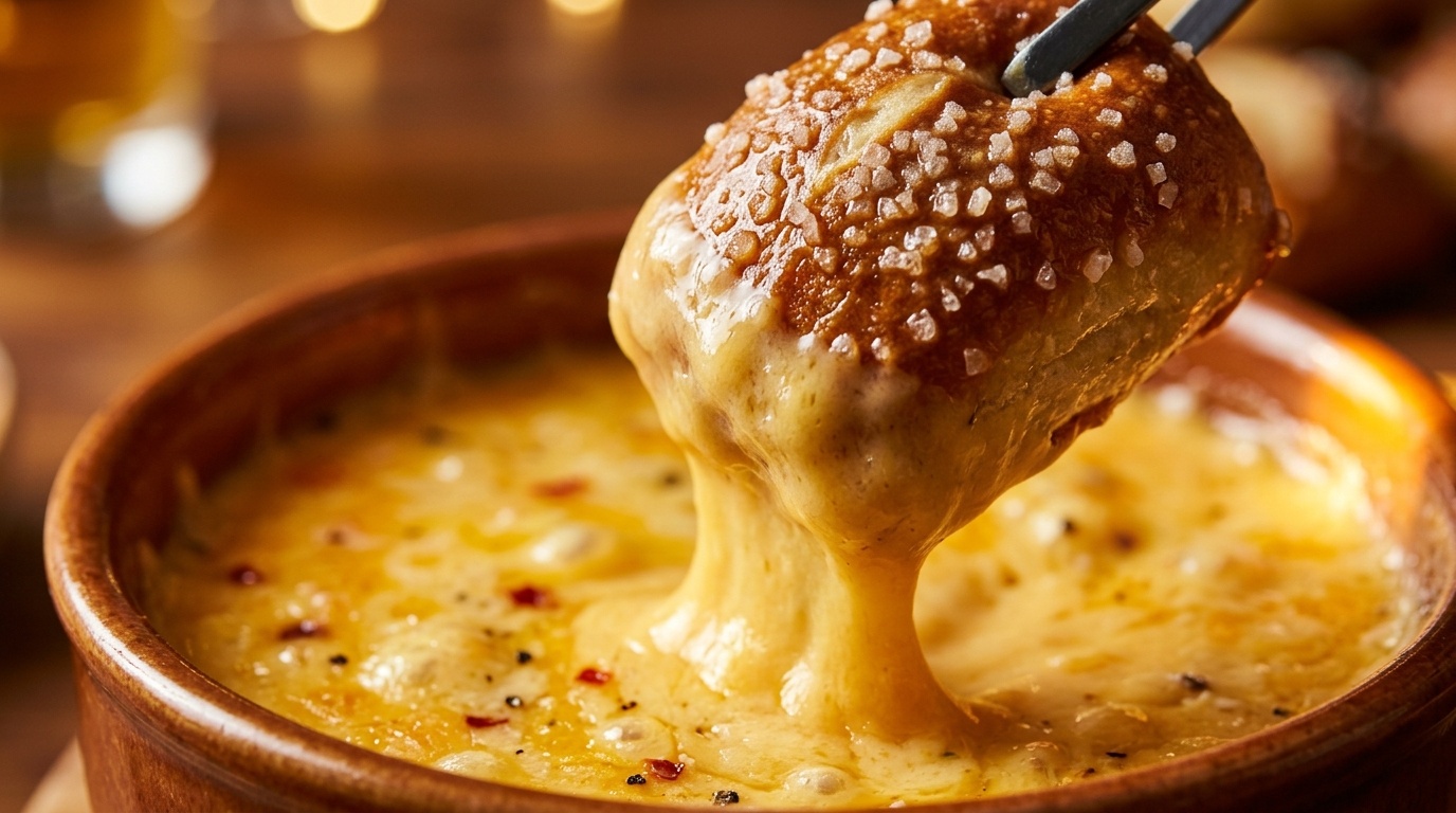 Ultra close-up macro shot of golden soft pretzel bite dipped into warm molten cheddar cheese dip