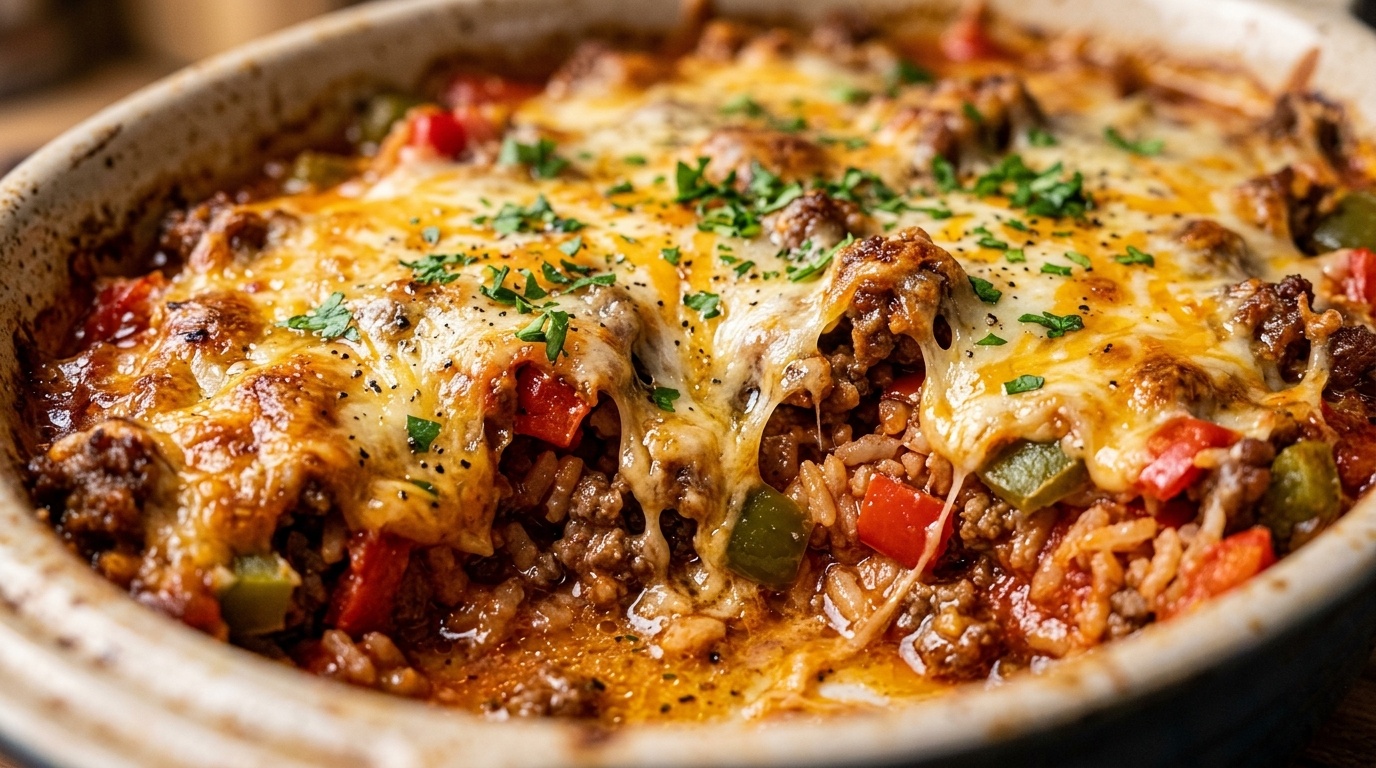 Ultra close-up macro of bubbling cheesy stuffed pepper casserole fresh out of the oven